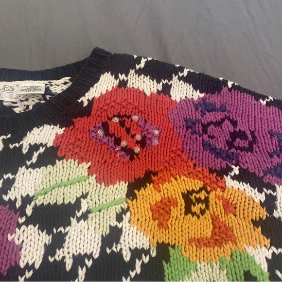 Vintage 80s Principles Petite Cotton Sweater Black & White Floral Medium - Picture 5 of 16
